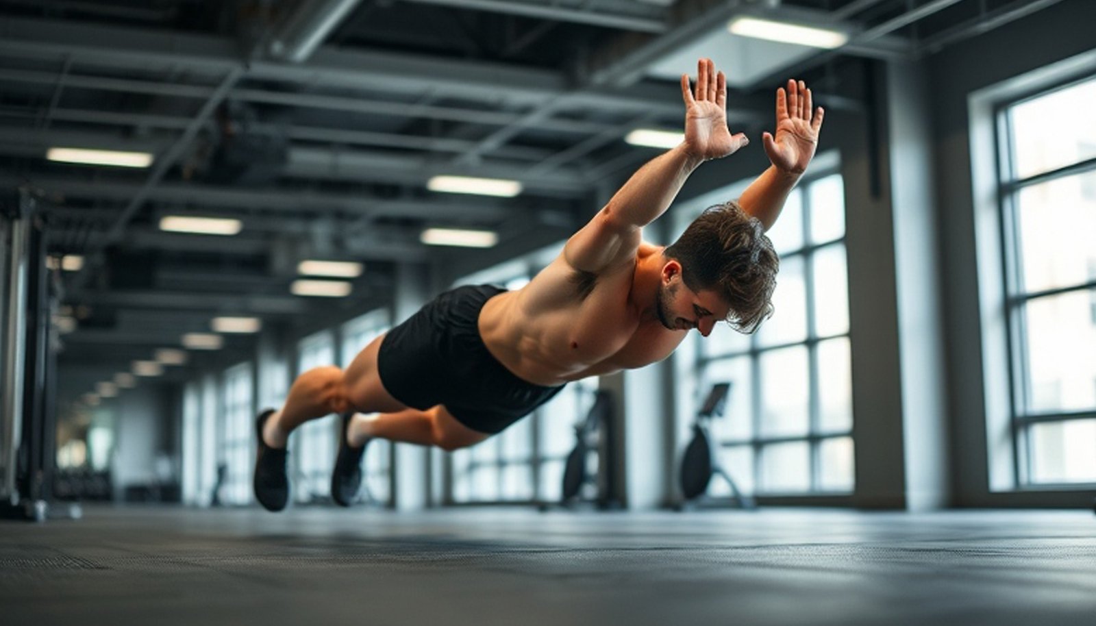 Person performing bodyweight exercises like push-ups, squats, and planks without any equipment in a minimalistic gym or outdoor setting.