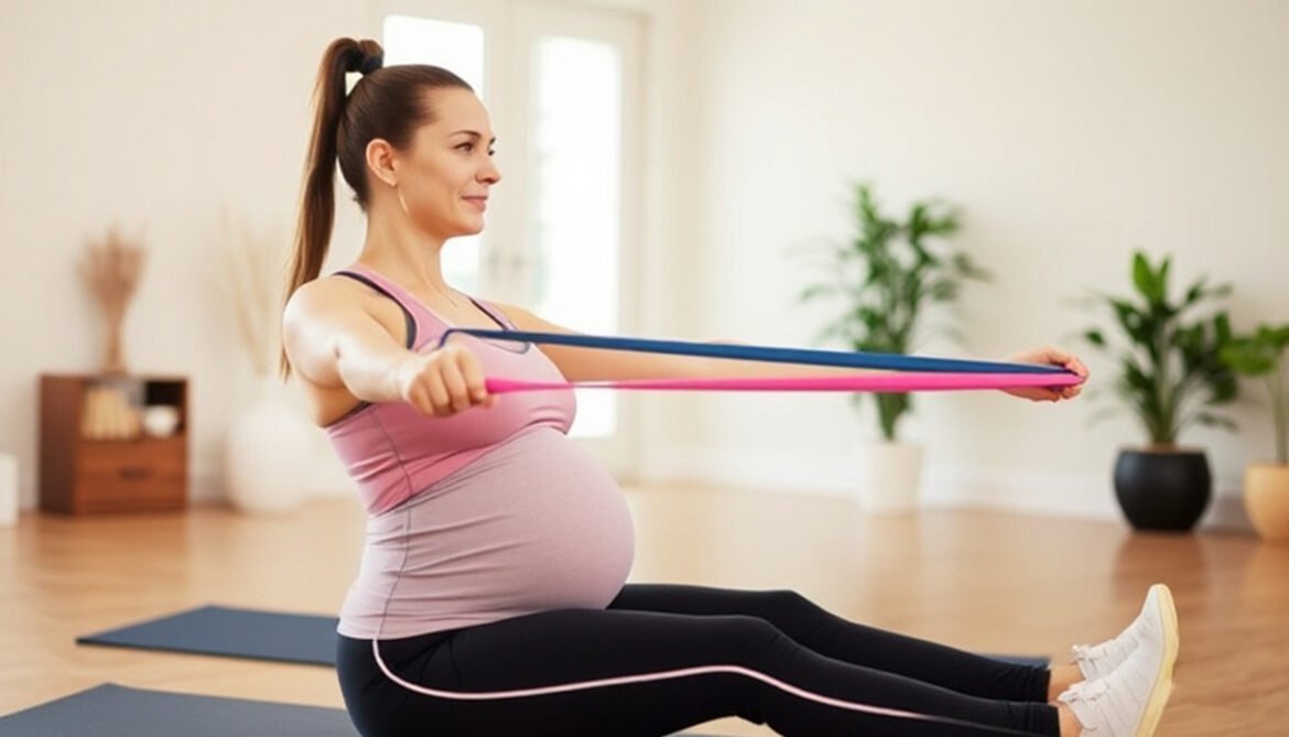 Workout Program for Pregnant Women Pregnant woman performing gentle exercises with a resistance band, focused on a safe workout program for prenatal health and wellness.