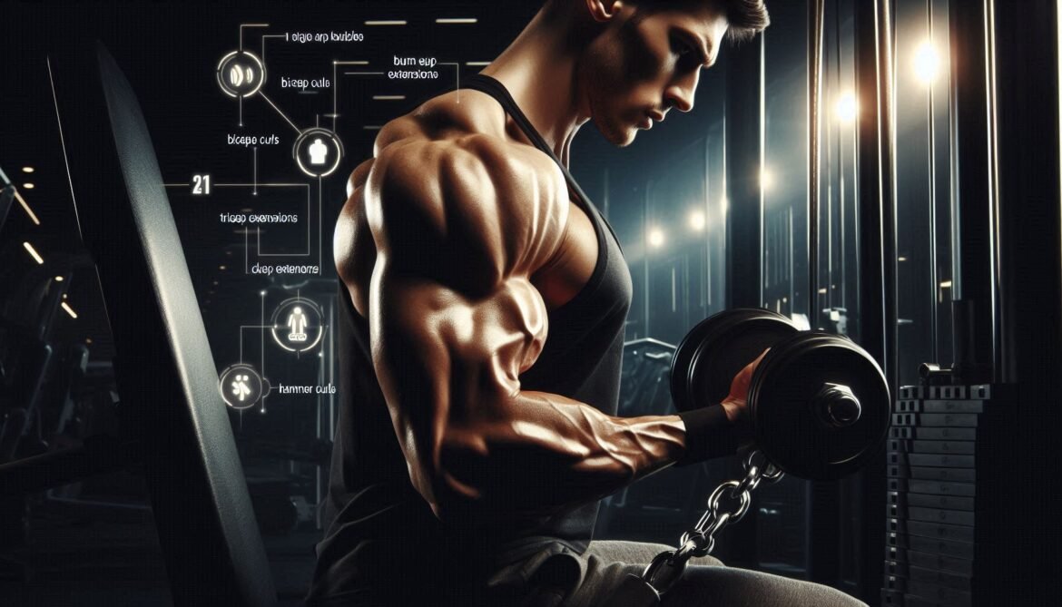 Ultimate Arms Workout Program for Strong, Defined Biceps and Triceps Fit individual performing arm exercises in a gym, focusing on bicep curls and tricep pushdowns as part of a comprehensive arms workout program.