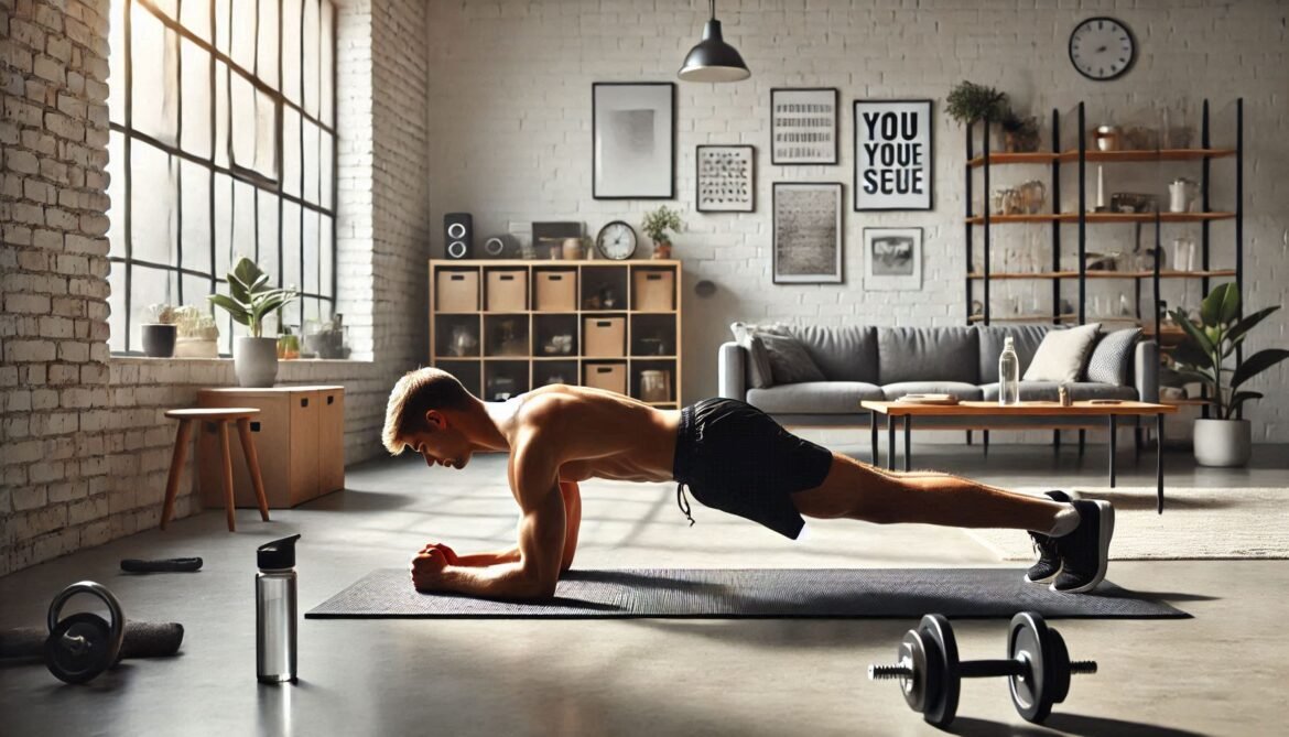 Plank Exercise Individual holding a plank position on a yoga mat in a well-lit gym, showcasing core strength and stability