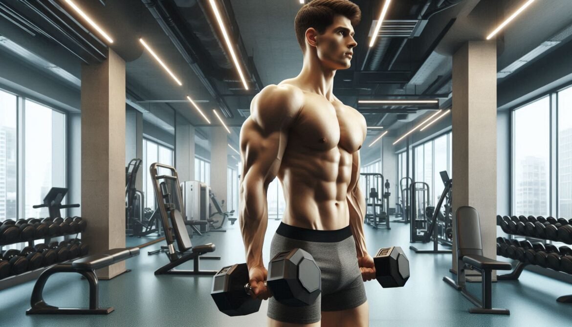 Dumbbell Front Raise Individual performing the dumbbell front raise, targeting the front deltoids for shoulder strength and definition in a gym.