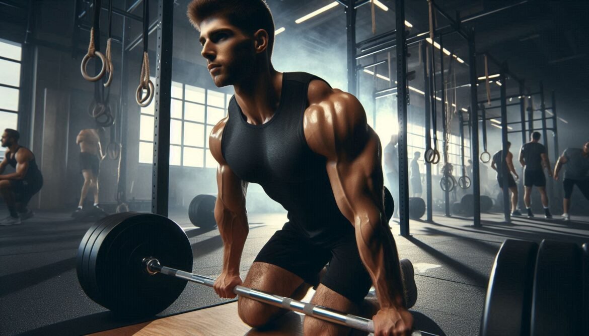 Landmine Shoulder Press Individual performing a landmine shoulder press in a gym, targeting shoulder and core muscles for strength and stability