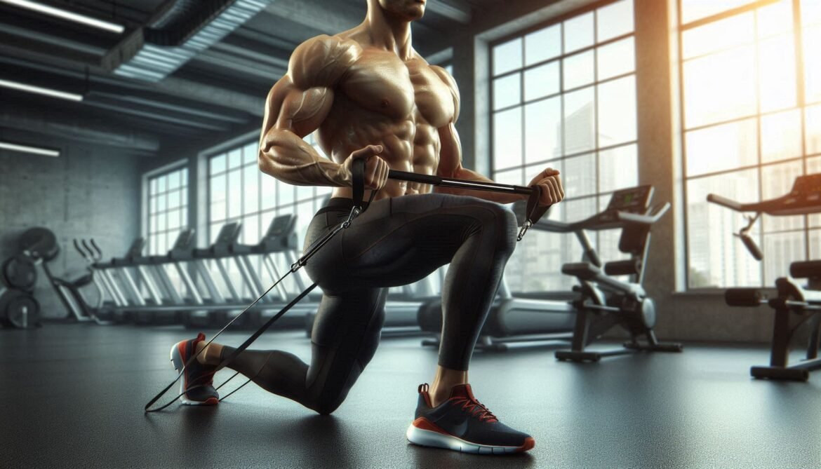 Resistance Band Upright Row Man performing a resistance band upright row in a gym, targeting shoulders and traps with proper form.